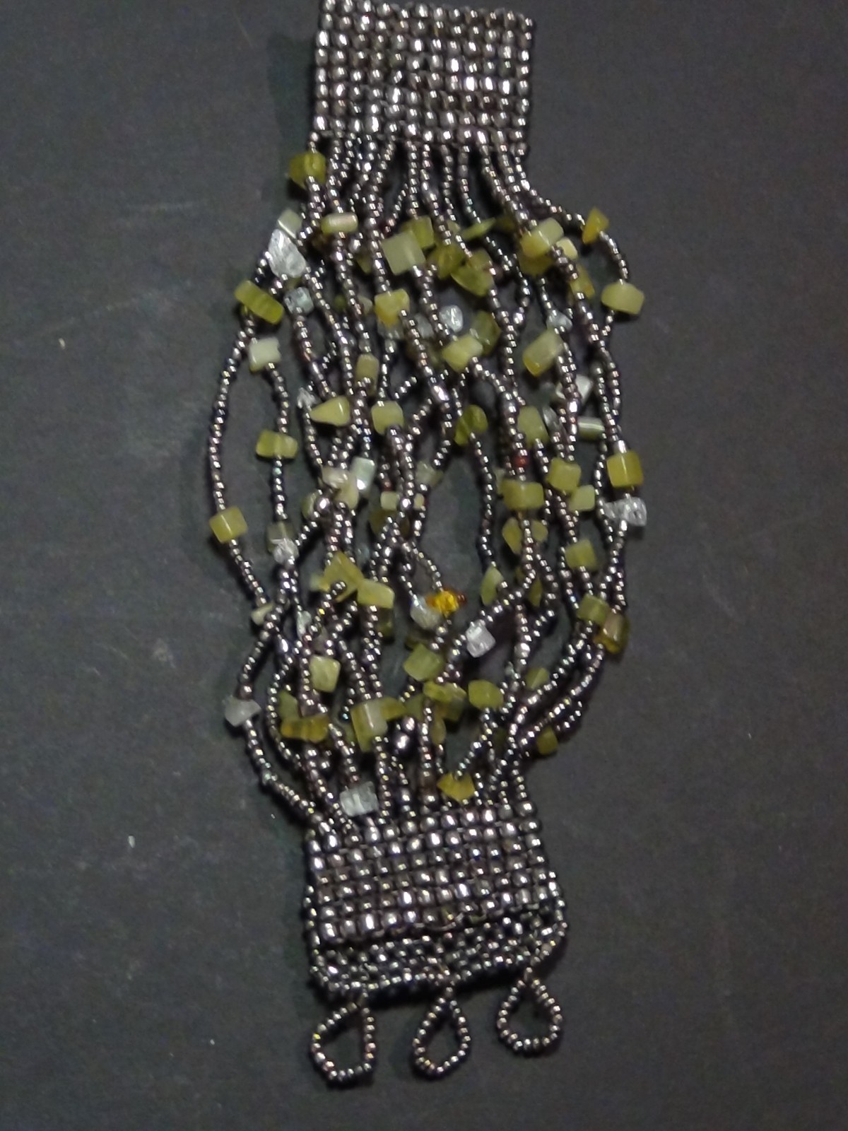 Multi-wrap Bracelet Cuff Beaded Glass Grey Lime Green Bracelet Button Closure