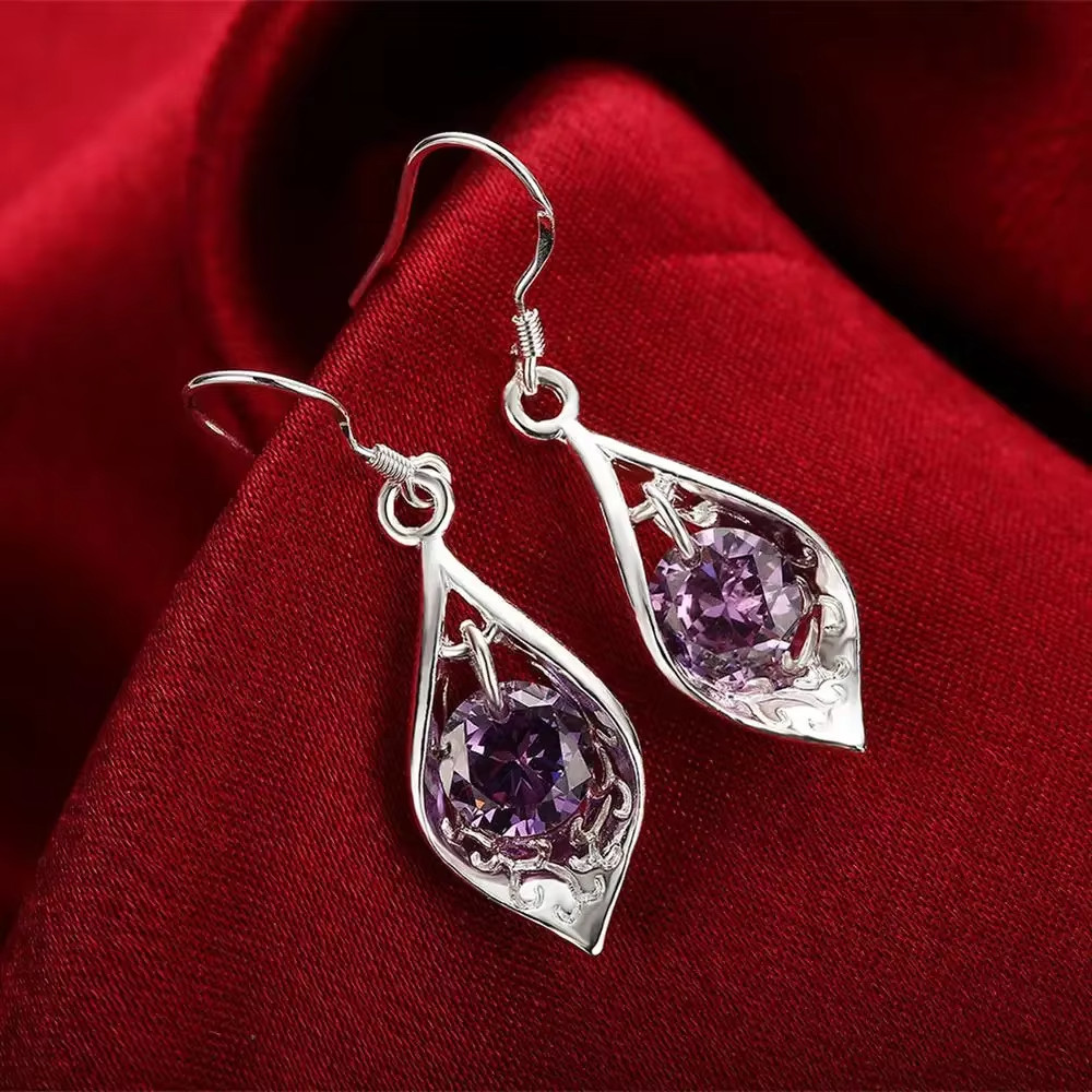 925 Sterling Silver Purple CZ Crystal Teardrop Drop Dangle Earrings Women Gift