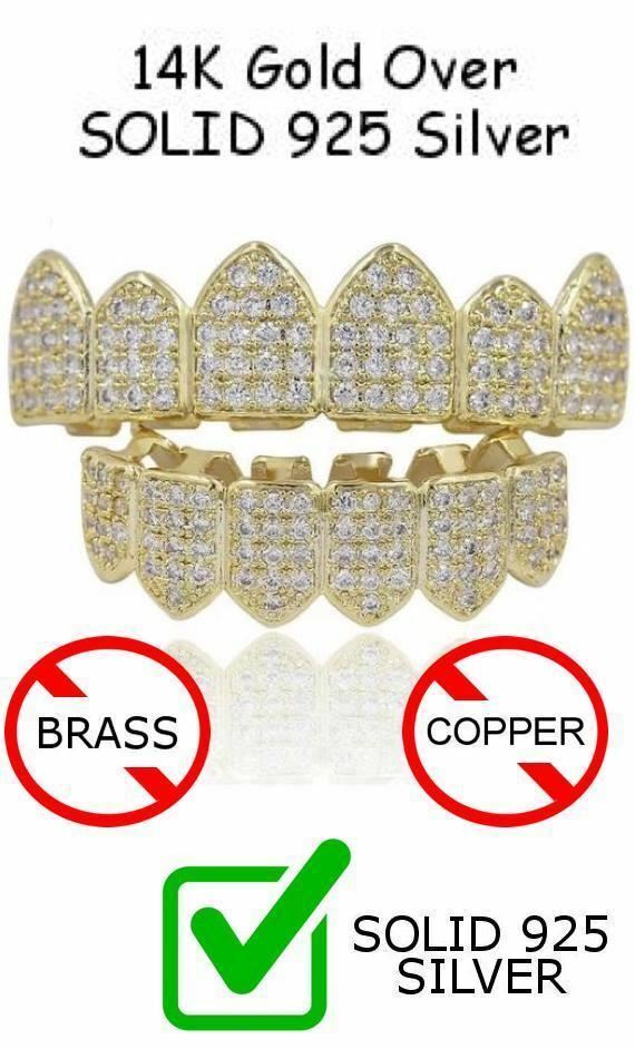 14k Gold Plated Real SOLID 925 Sterling Silver CZ GRILLZ Teeth Top Bottom HipHop