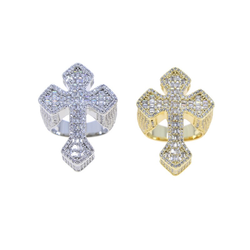 18K Gold Plated Iced CZ Out Cross Ring For Men White Gold Plated Fashion Jewelry
