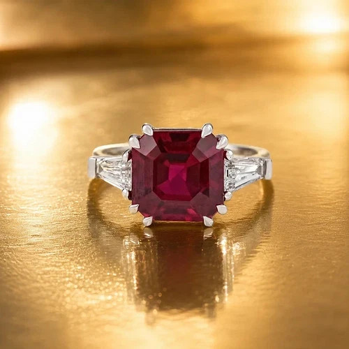 5.80 Ct Asscher Cut Natural Red Ruby & Diamond Engagement Ring 14K White Gold