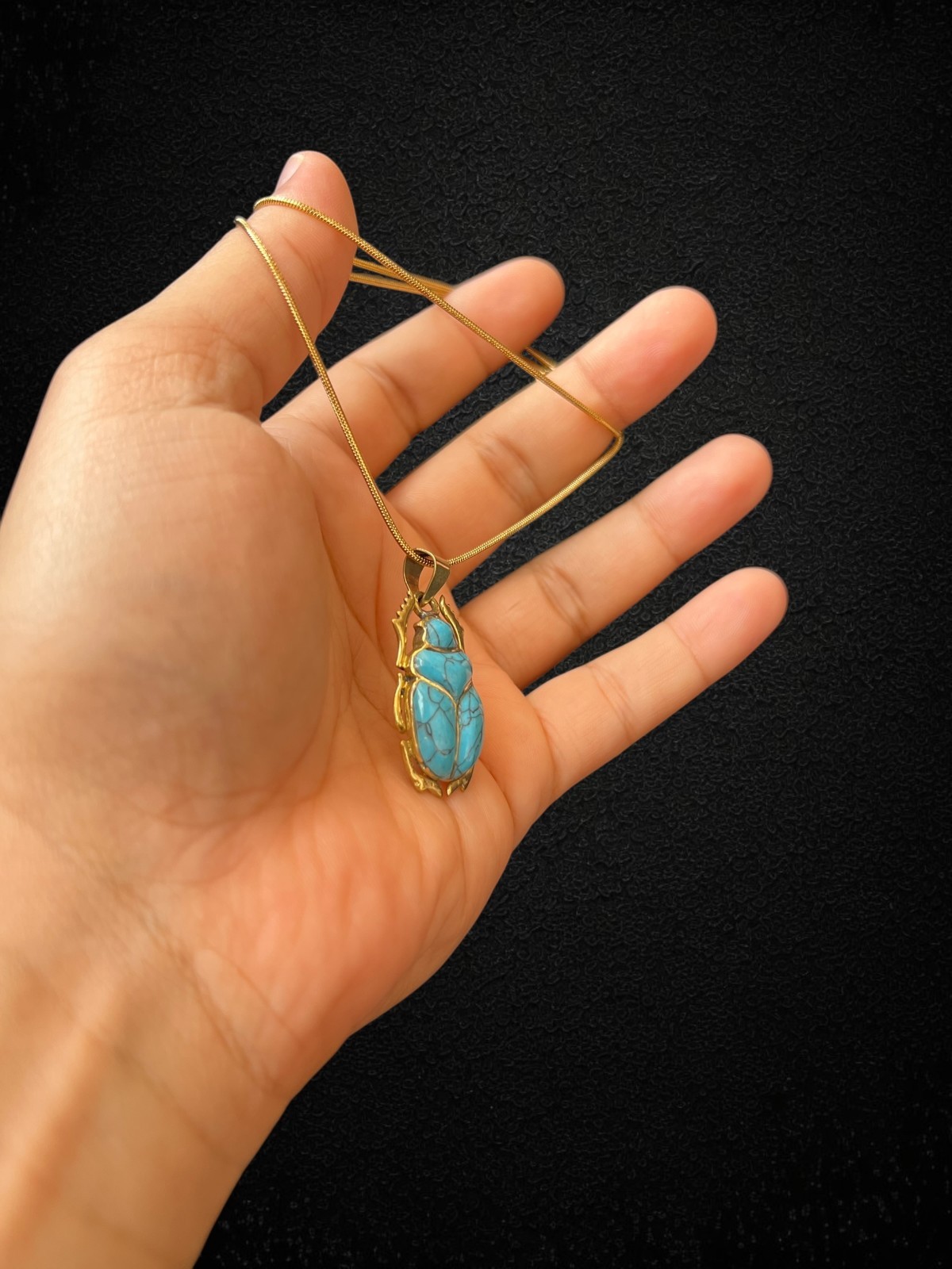 Turquoise Scarab Pendant Ancient Egyptian Amulet Necklace Gold Frame Beetle