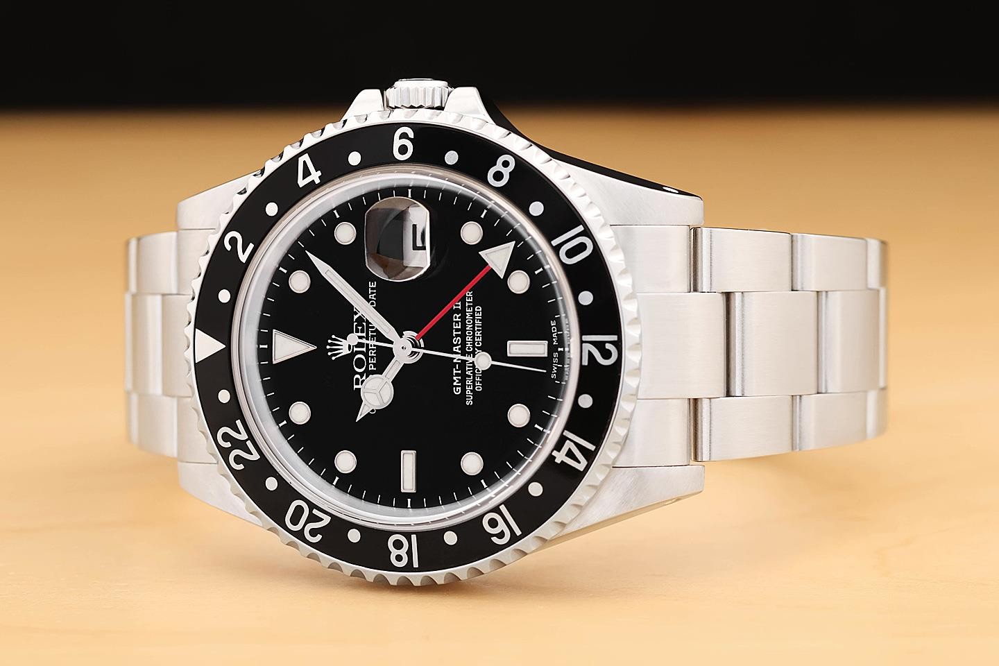 2002 ROLEX MENS GMT MASTER II 16710 BLACK DATE 40MM STAINLESS STEEL WATCH