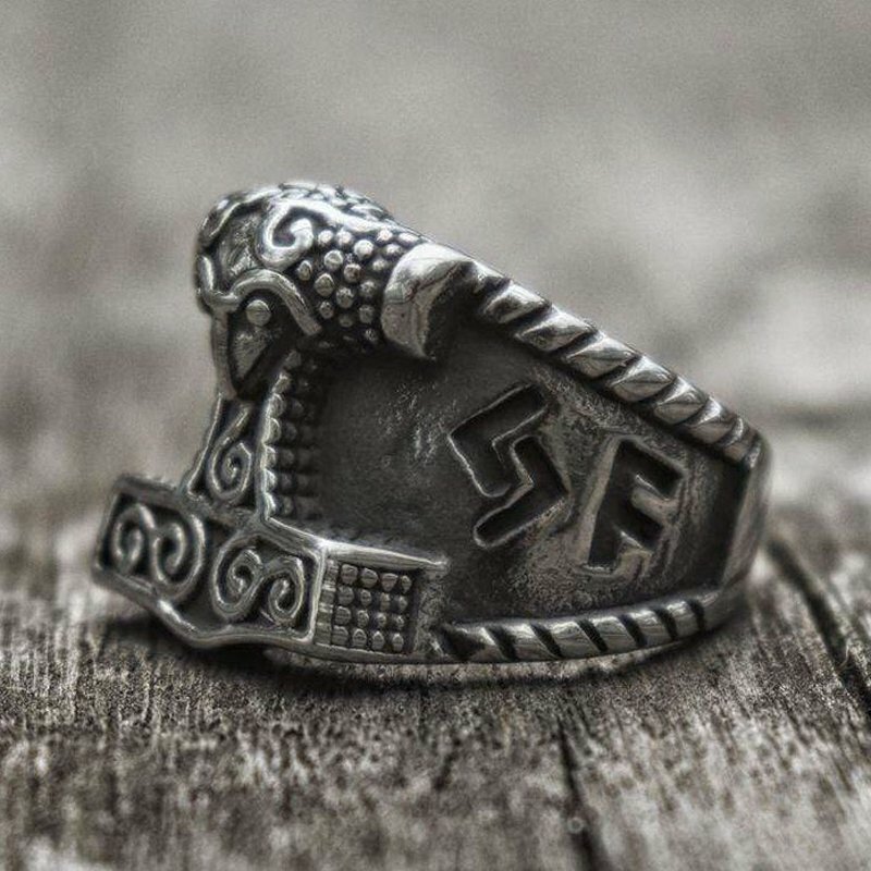 MENDEL Mens Stainless Steel Nordic Viking Thors Hammer Rune Mjolnir Ring For Men