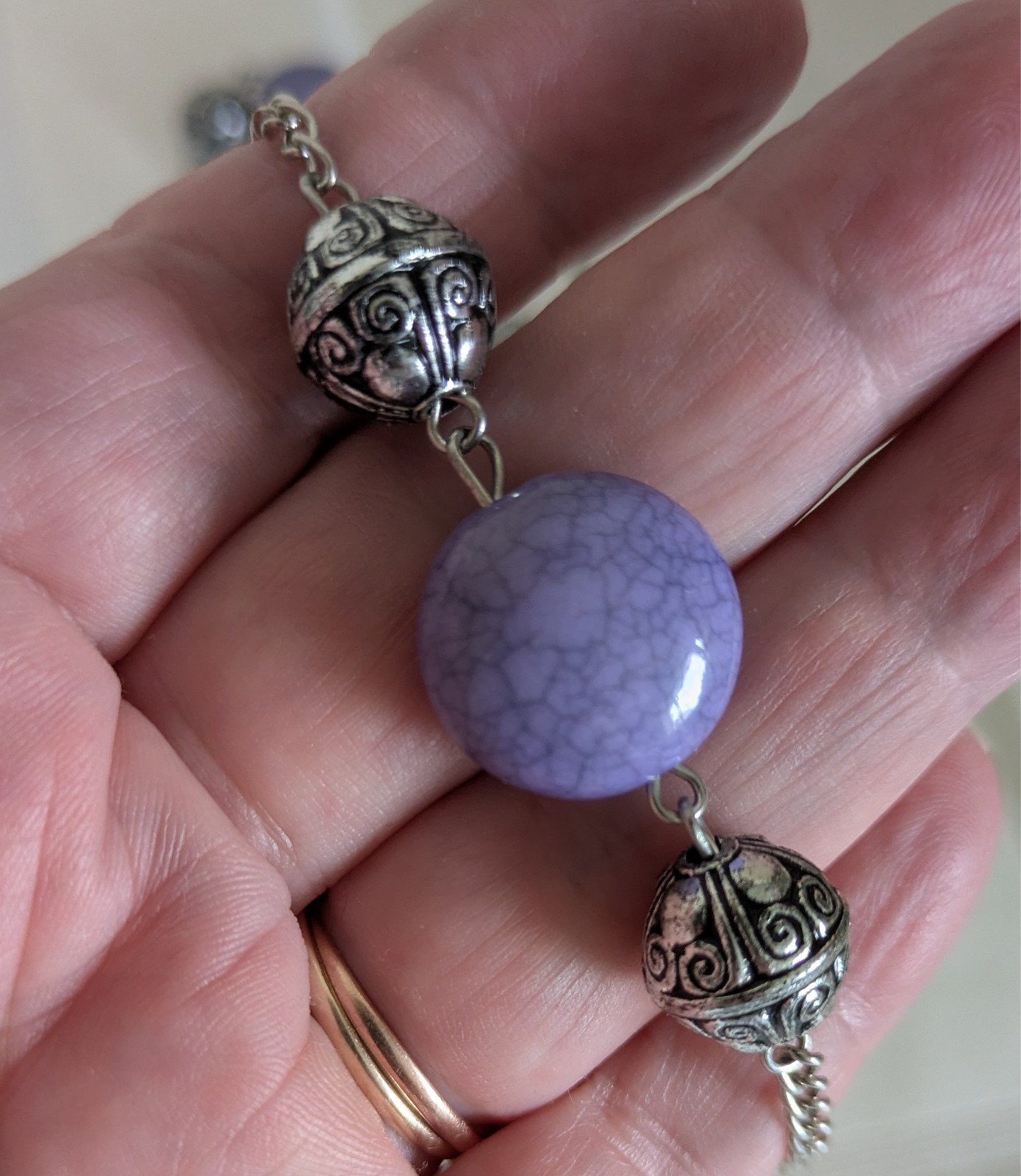 Silvertone Chain Necklace With Purple Beads And Silvertone Orbs 92 Cm Long
