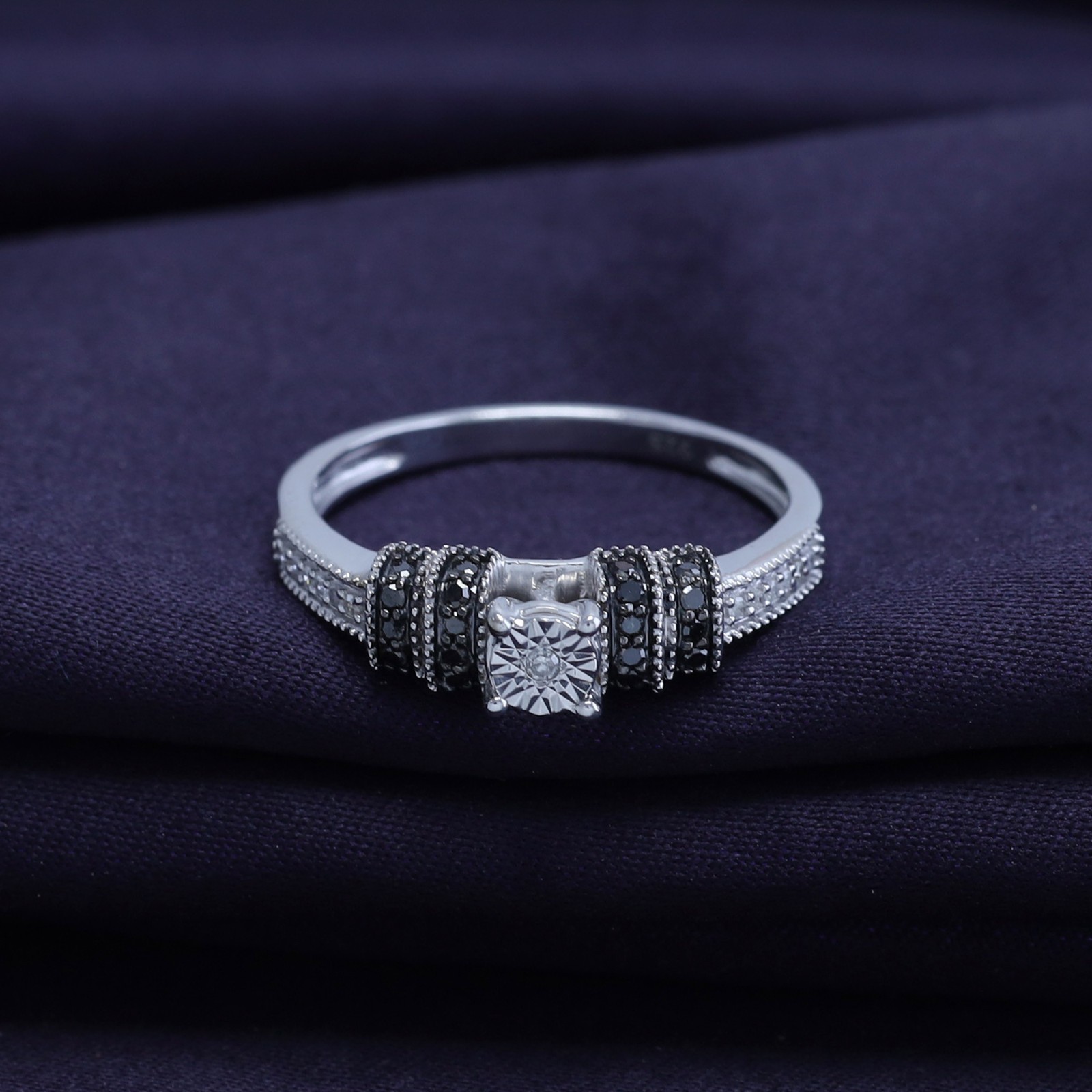 1/8 Ct Black & White Natural Diamond Promise Ring Sterling Silver 925