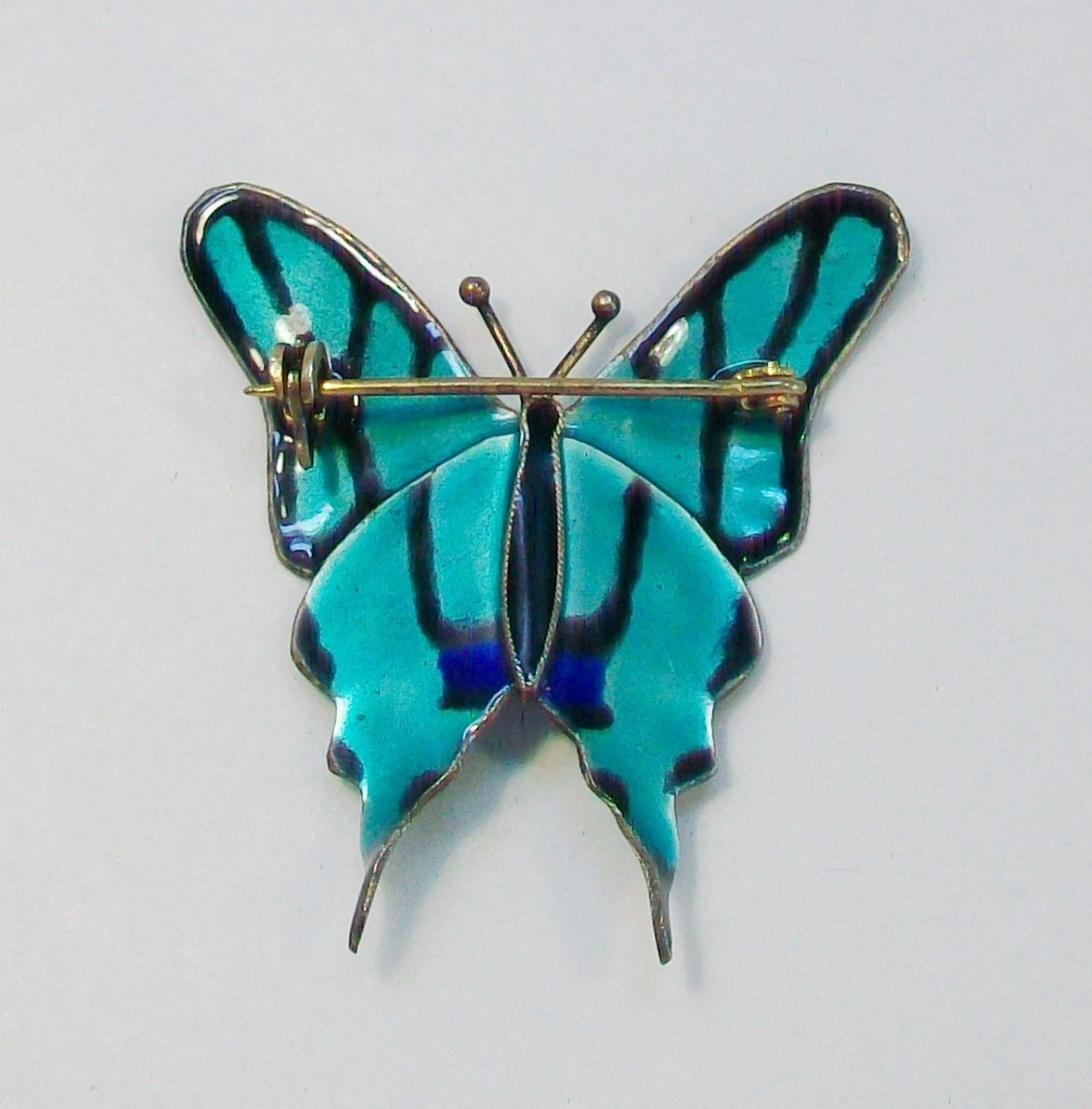 Vintage CHINESE EXPORT Cloisonne Enamel BUTTERFLY Figural Silver Pin Brooch