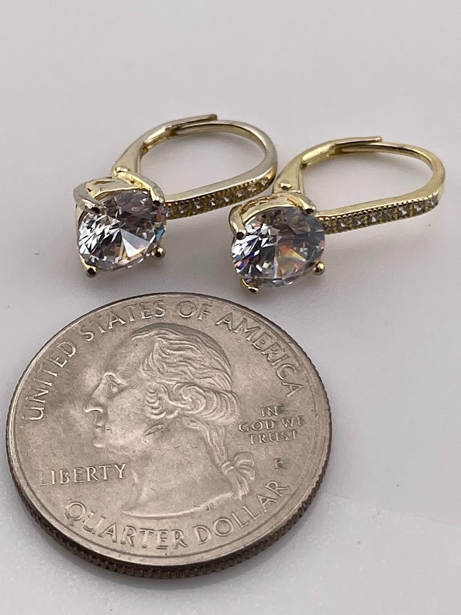GOLD OVER 925 STERLING SILVER 7.5MM ROUND CZ DROP EARRINGS CLASSIC 3372