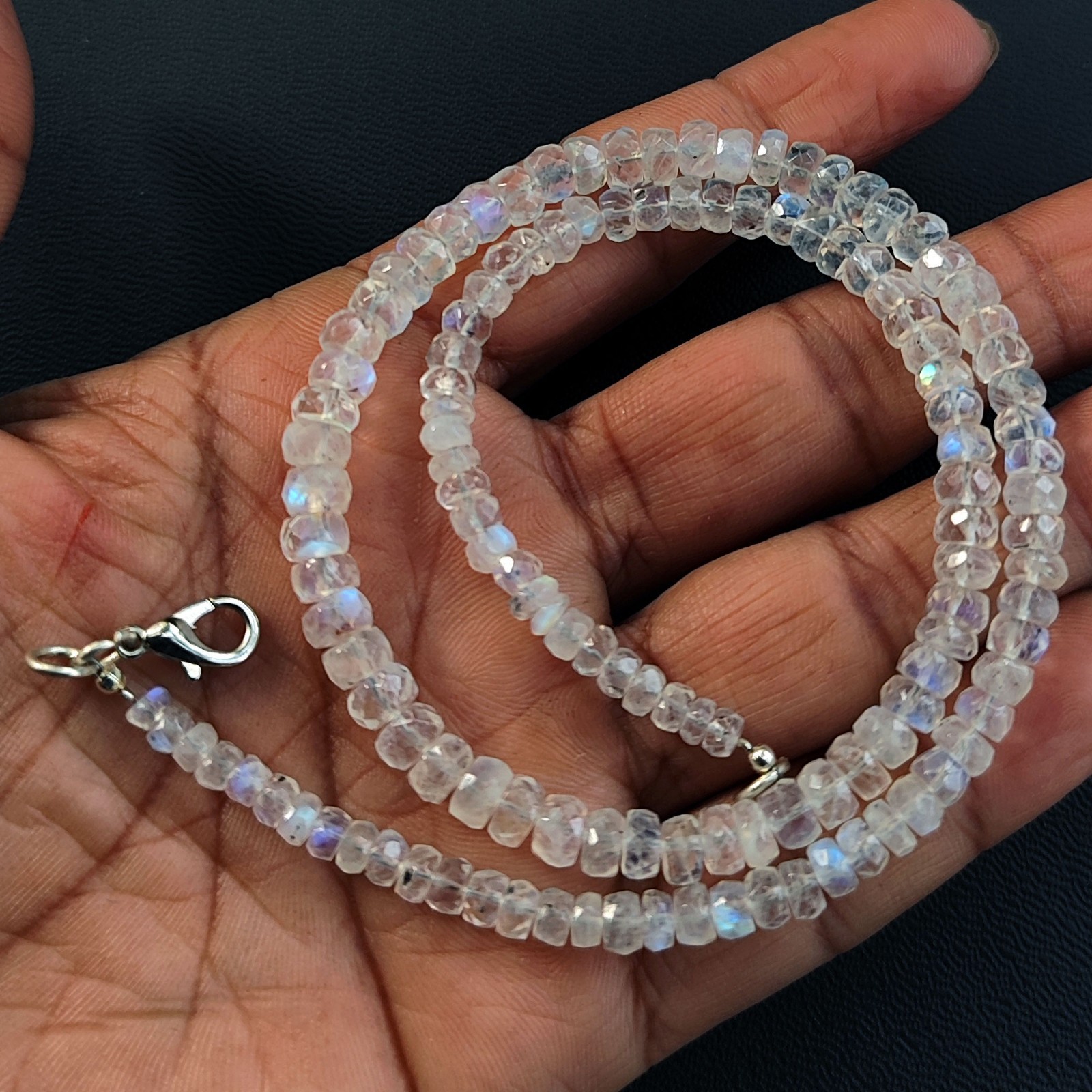 India Rainbow Fire Moonstone 4-6mm Faceted Rondelle Beads Necklace 16” Gem
