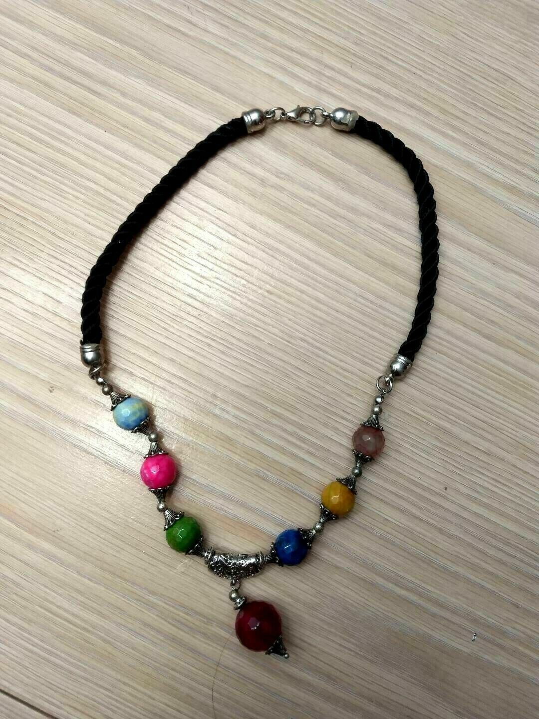 Multi-color Faceted Gemstone Bead Black Cord Silver Tone Metal Necklace Pendant