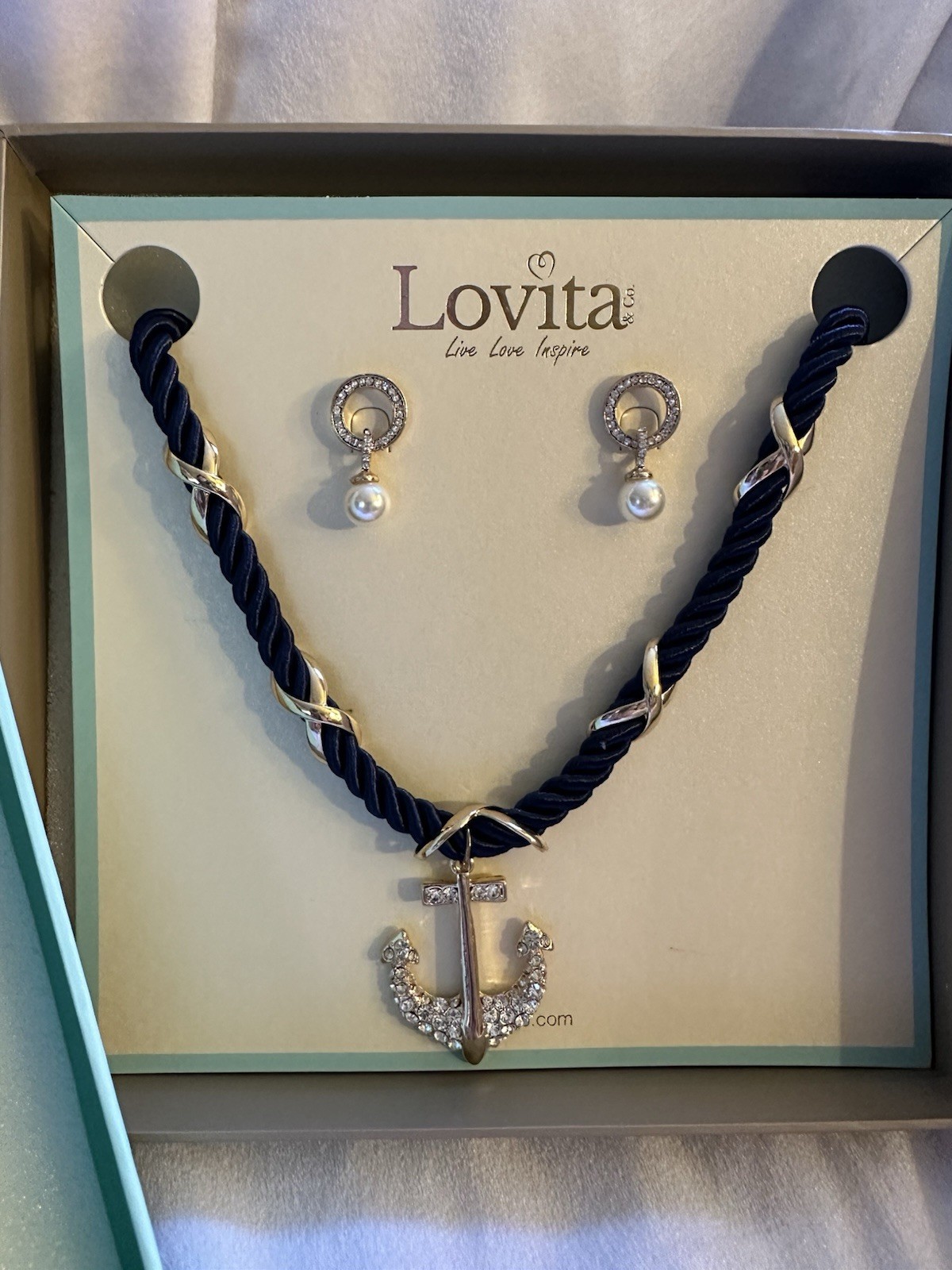 Lovita Jewelry Set Necklace Earrings Nautical Anchor Blue Rope Crystal Pearl