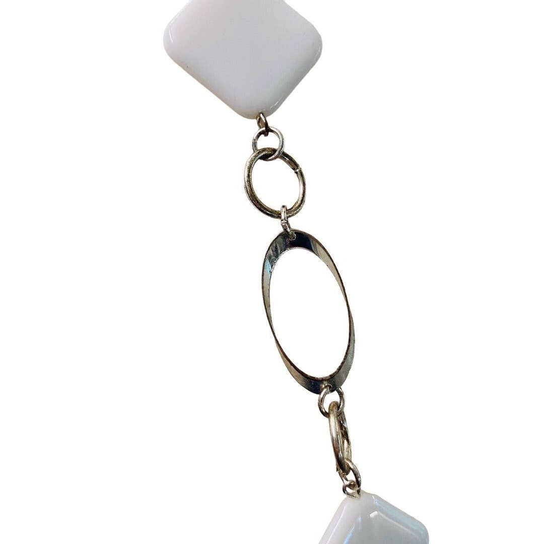 Silvertone and White Acrylic Square Necklace Overhead 34″ Lightweight