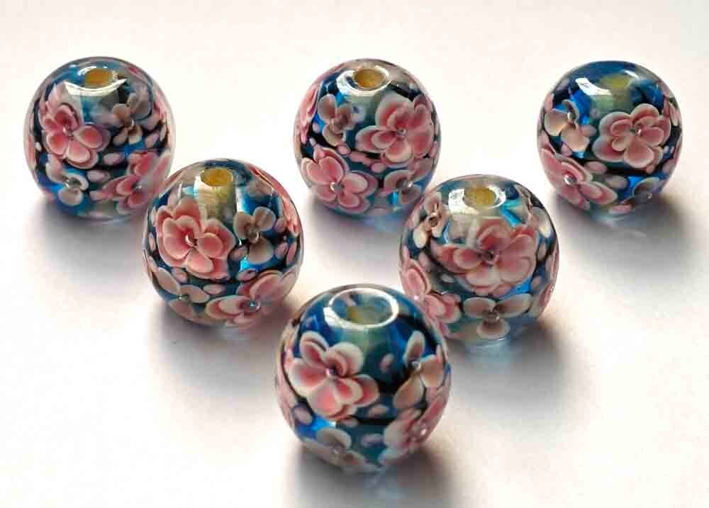 10pcs handmade Lampwork glass beads glass Pink Plum on blue 14mm