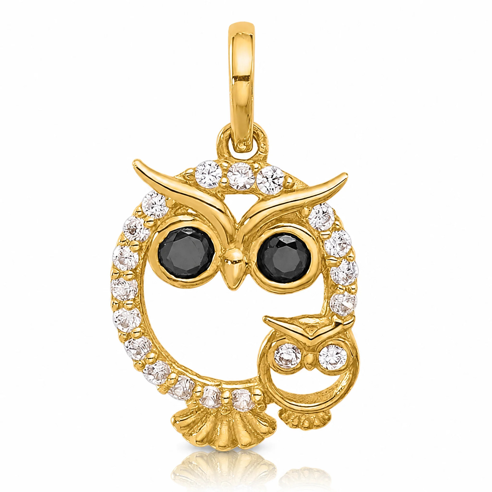 14K Yellow Gold Polished Black And White CZ Mommy And Baby Owl Pendant