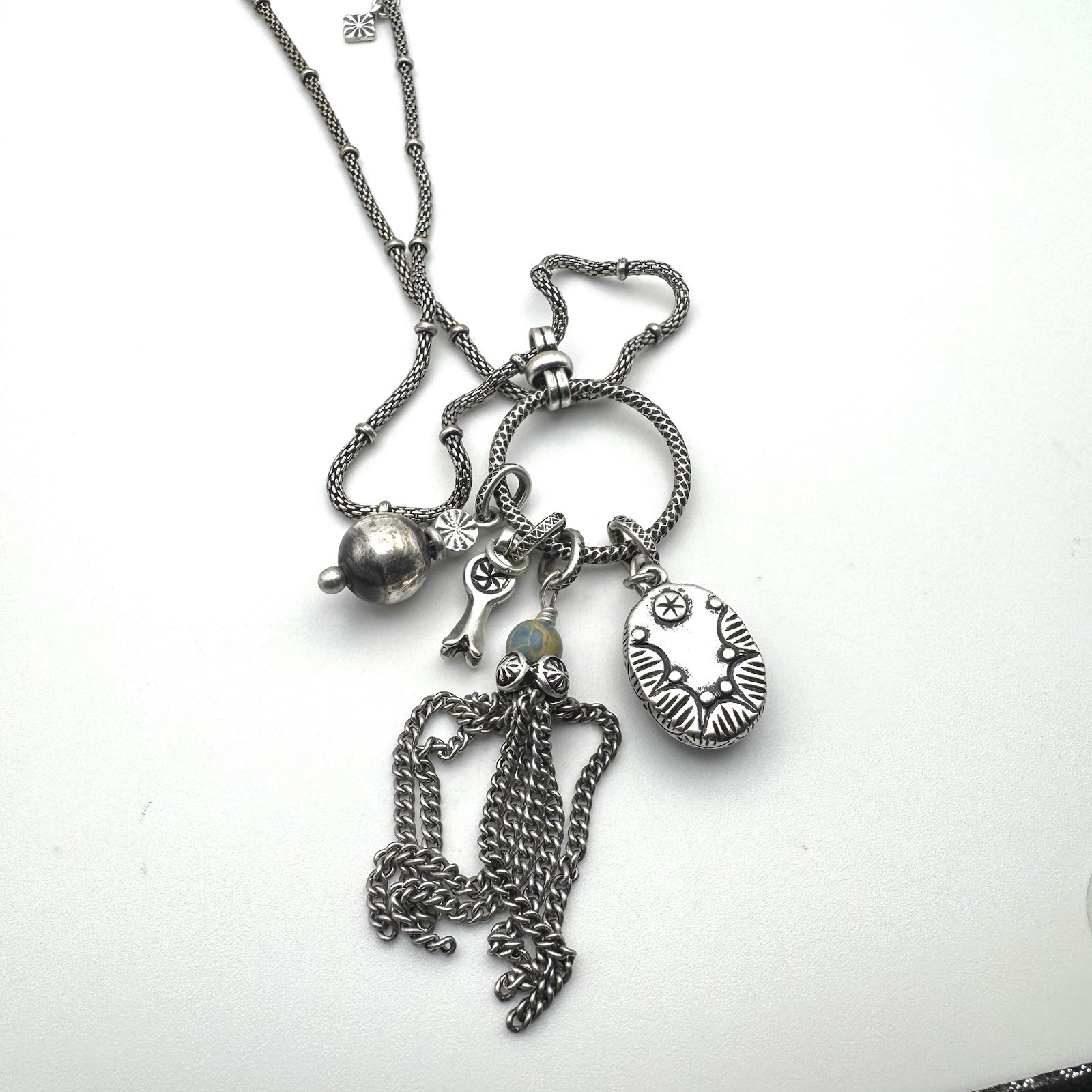 Silvertone Chain Necklace Metal Blue Cabochon And Metal charms Adjustable Slider