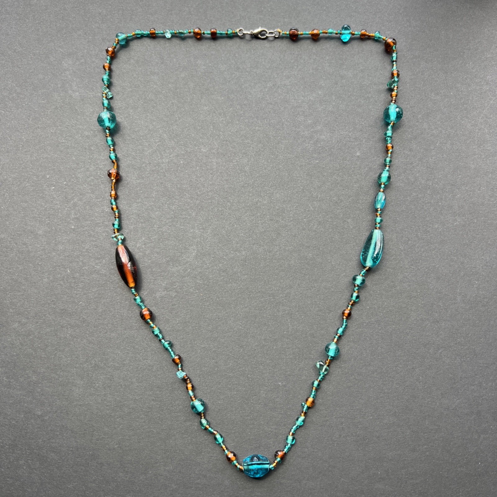 Vintage Amber Turquoise Glass Bead Necklace 28”