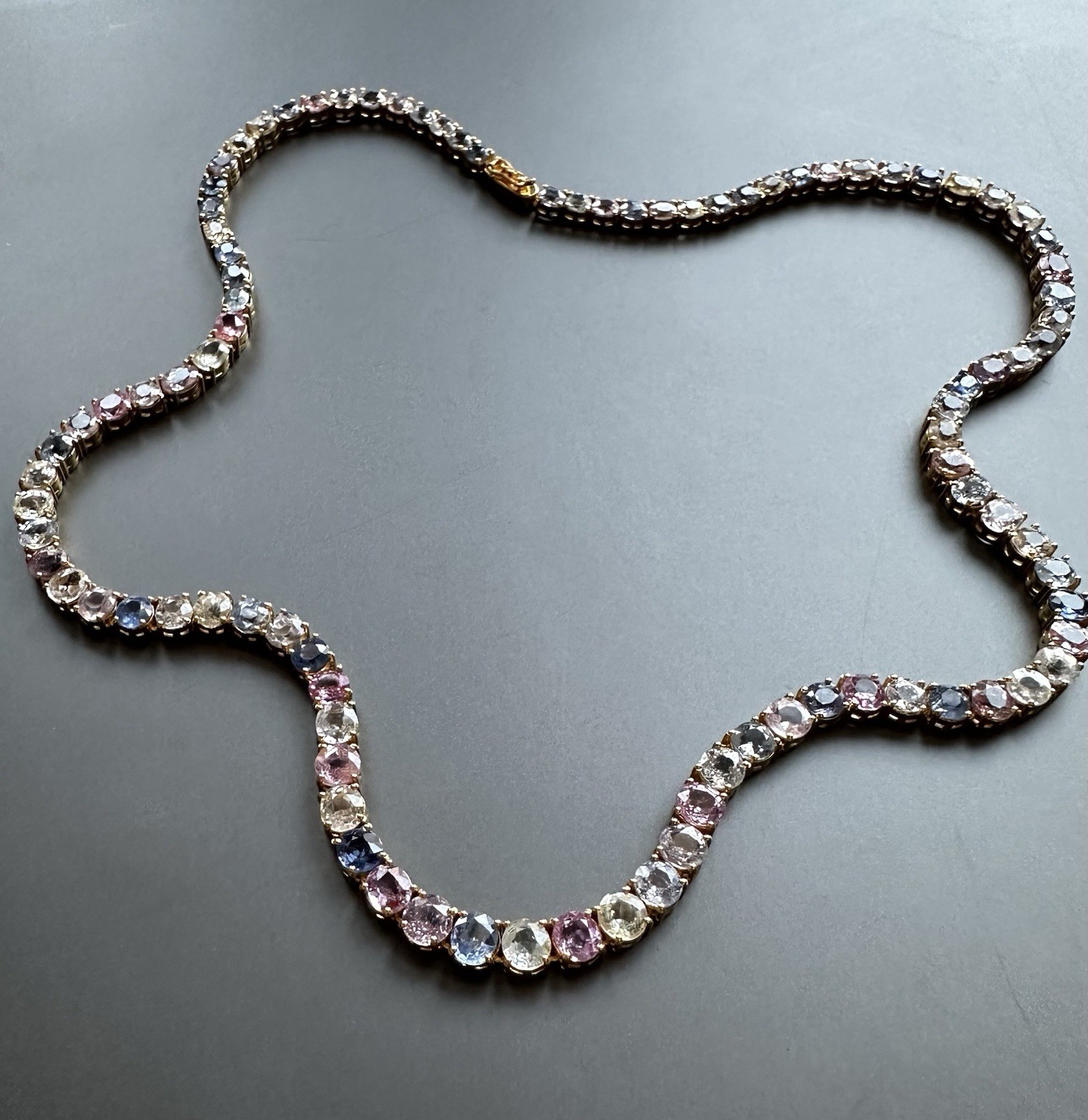Certified Natural Burma Mogok Multicolor Sapphire 19K Yellow Gold TennisNeckalce