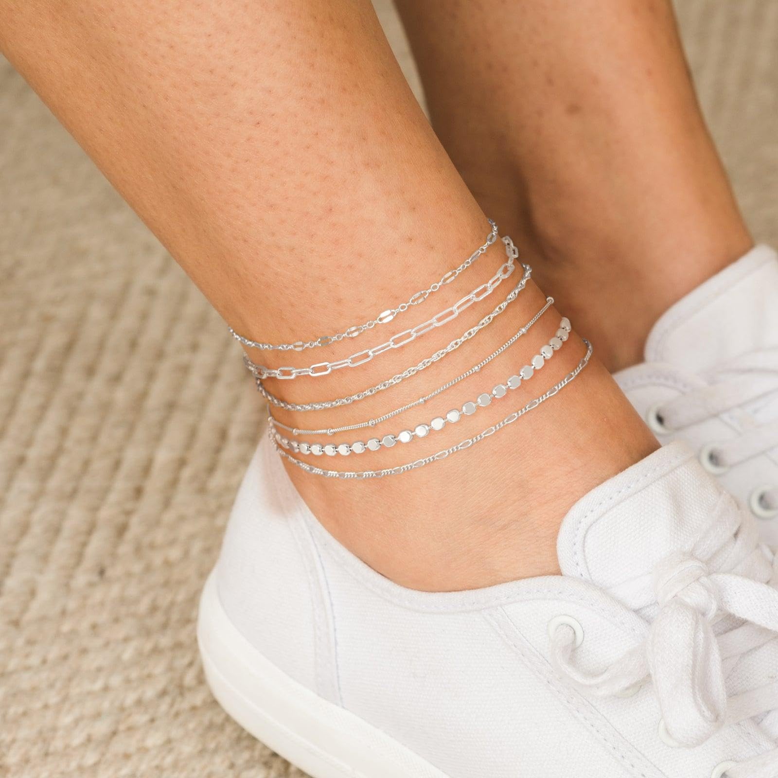Tewiky Waterproof Ankle Bracelets for Women, 6pcs set-A, dainty anklets