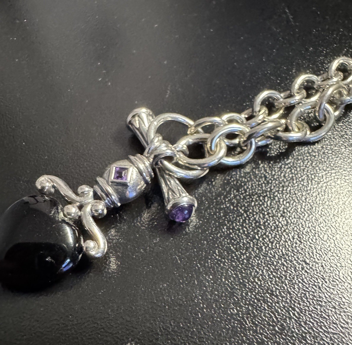 Ross Simons 925 Sterling Silver Black Onyx Heart Amethyst Necklace 18.5in, 30.5g