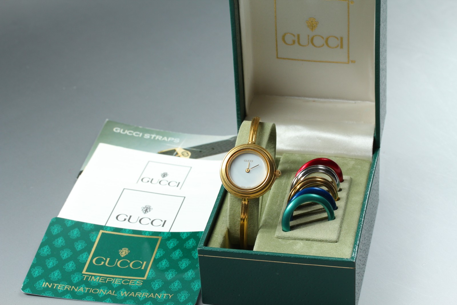 Full Set Vintage GUCCI Change Bezel 11/12.2 6 Colors Women’s Watch Working JAPAN