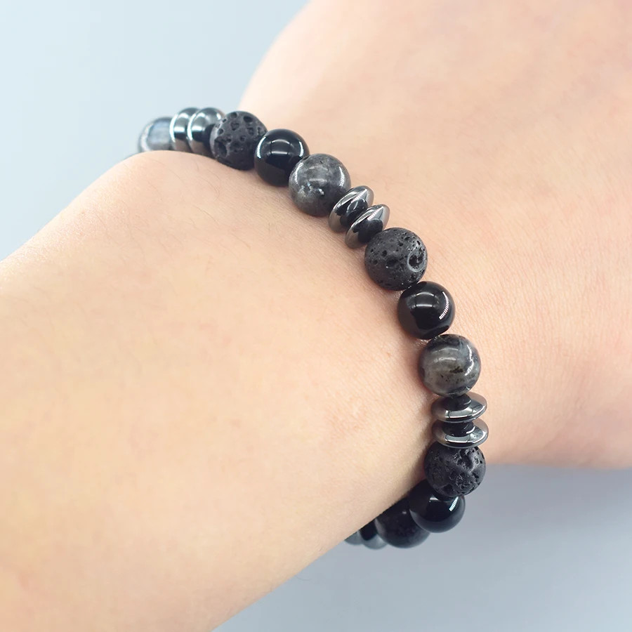 1pc Black Labradorite Stone Beaded Bracelet Men Women Spiritual Protection
