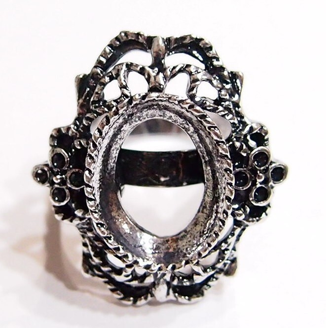 6 of 18x13mm Antique Silver Victorian Deco Lacy Flowers Adjustable Ring Settings
