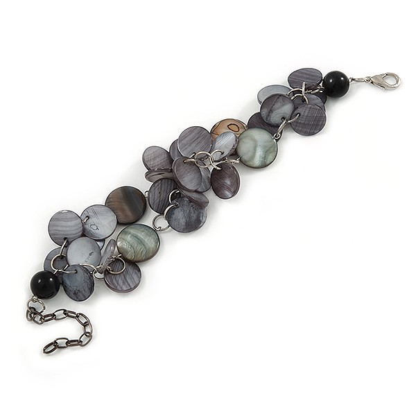 2 Row Dark Grey Coin Shell Bead Bracelet – 18cm L/ 5cm Ext