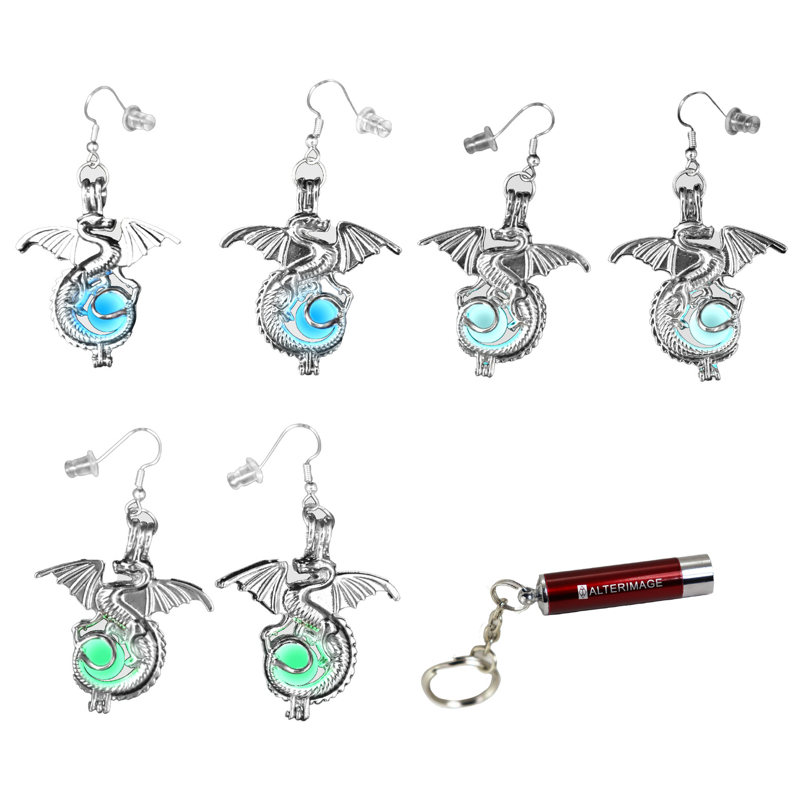 AlterImage Fiery Winged Dragon Earrings Set Glow In The Dark 3 Luminous Jewelry