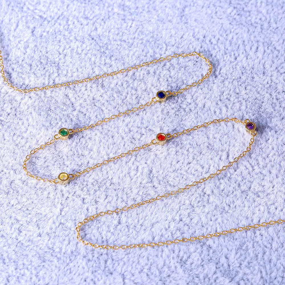 Gold Plated 925 Sterling Silver Multicolor CZ Station Necklace for Women
