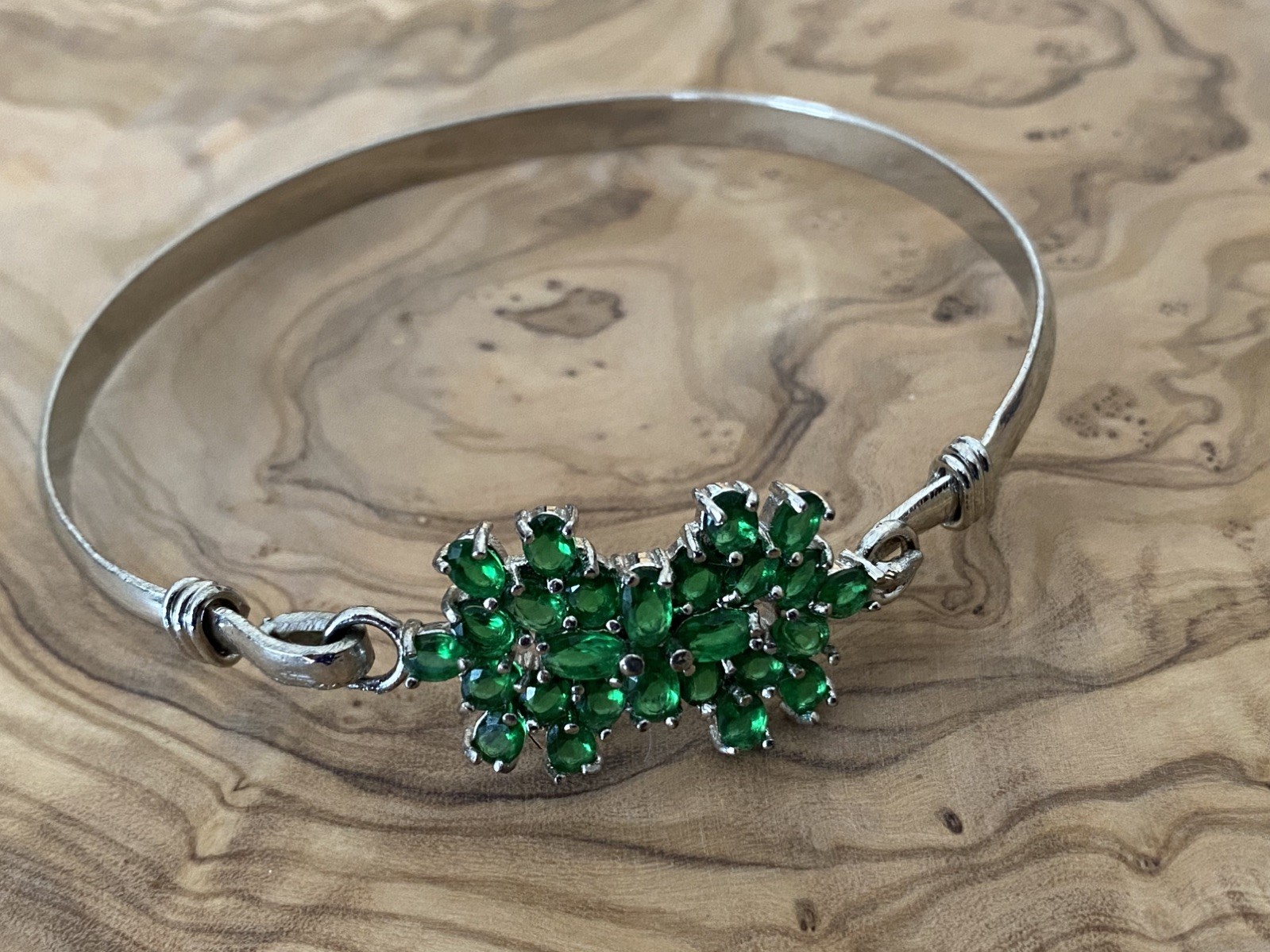 Green Emerald Glass Floral Bangle Bracelet, 925 Sterling Silver, 2.8 in W
