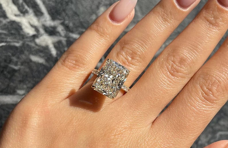 Radiant Certified 5.3 Carat 14k Yellow Gold Lab Grown IGI E F VVS Diamond Ring