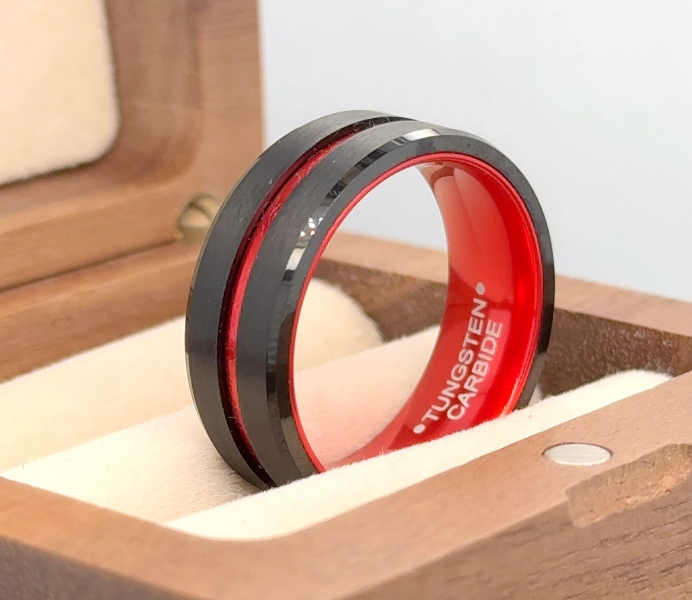 Red & Black Tungsten Band Groove Brushed Polished Ring Future Wife Ring