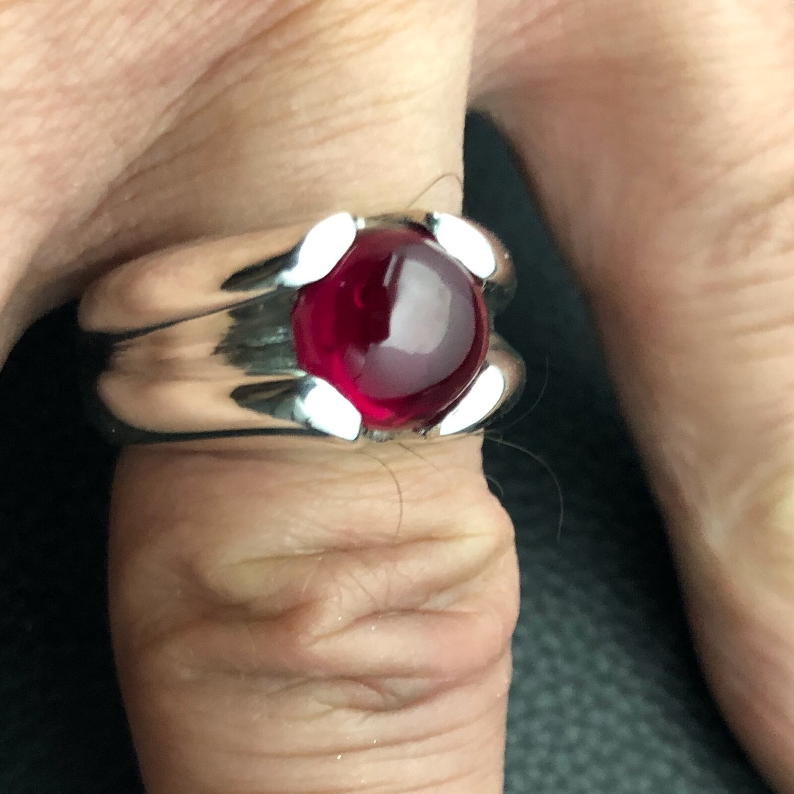 MJG STERLING SILVER MEN’S RING. 10MM LAB RUBY CAB. SZ 10.5. 15 GR