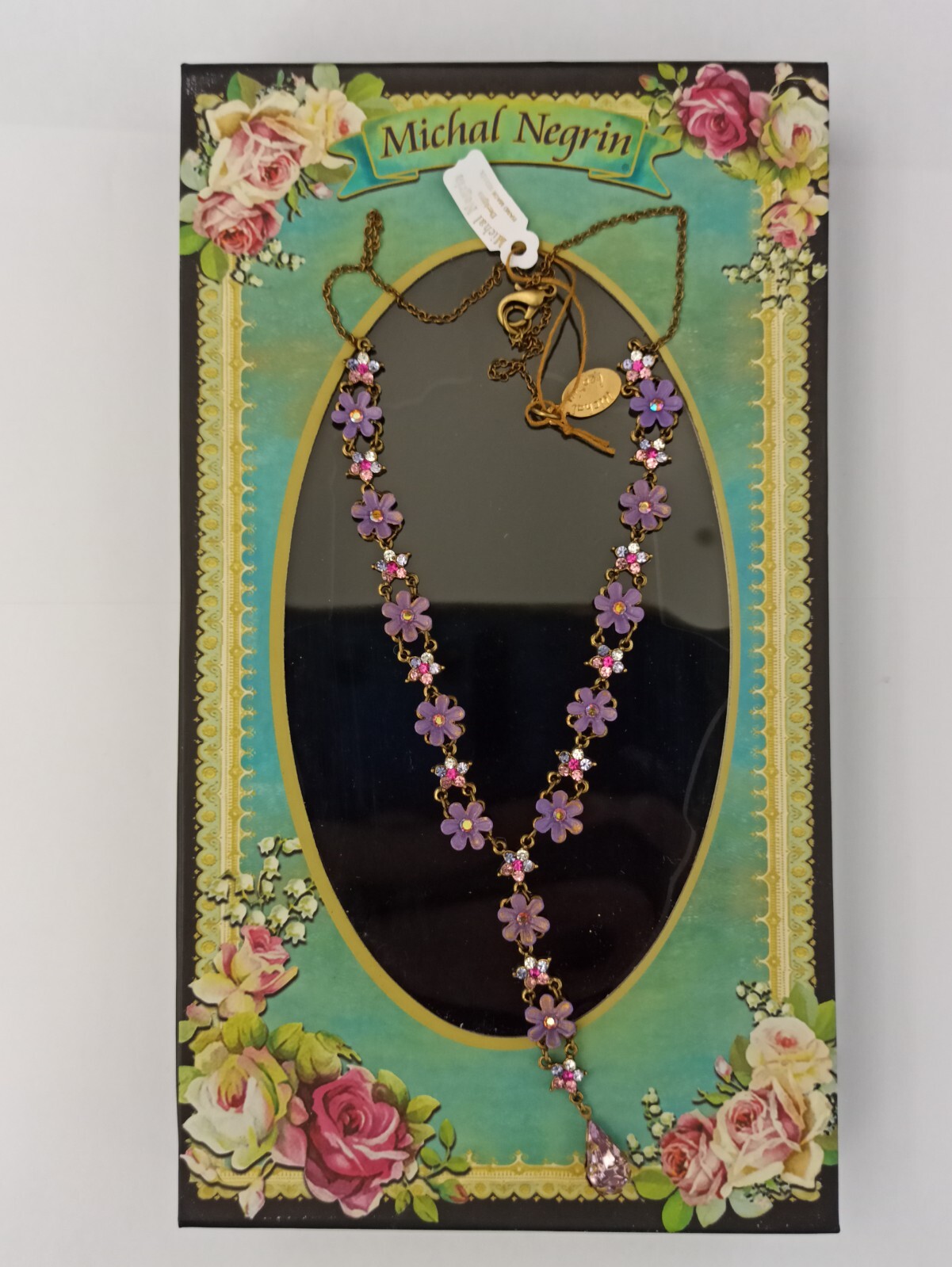 Michal Negrin Necklace Purple Flowers Pink Shades Crystals Cocktail Romantic Box