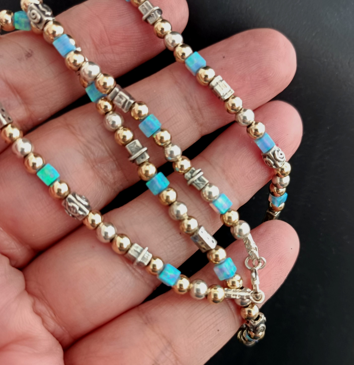 Israeli Modernist Necklace Sterling Silver Gold Filled Artisan Chic Blue Stone