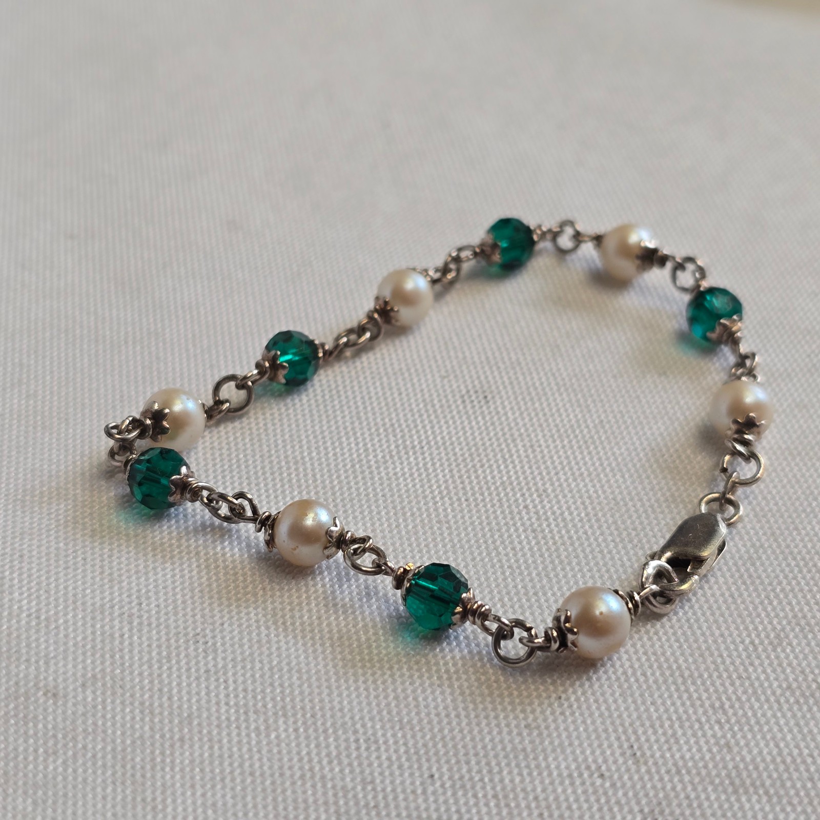 Sterling Silver Bracelet 7.36g Jewelry 7.5″ Faux Pearls & Green Stones *READ*