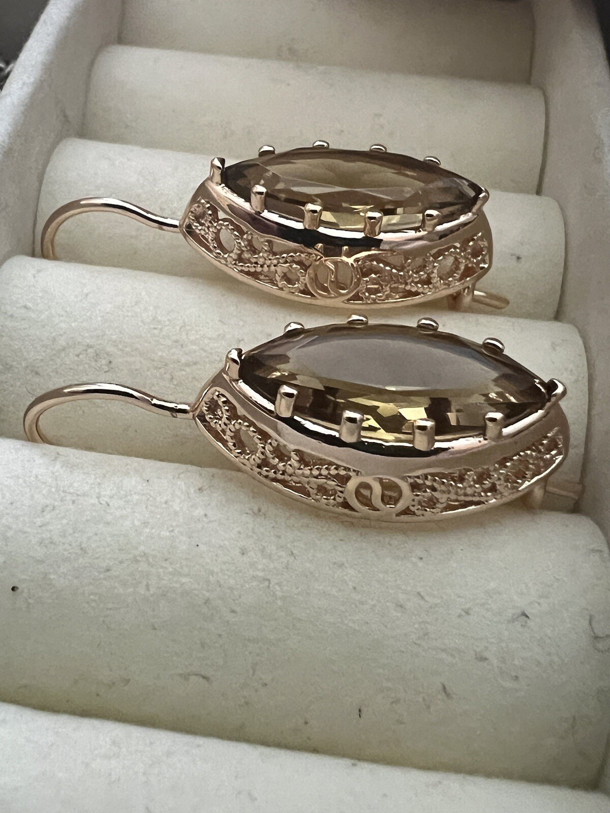 14k Rose Gold Plated Filigree Oval Amber Earrings English Lock