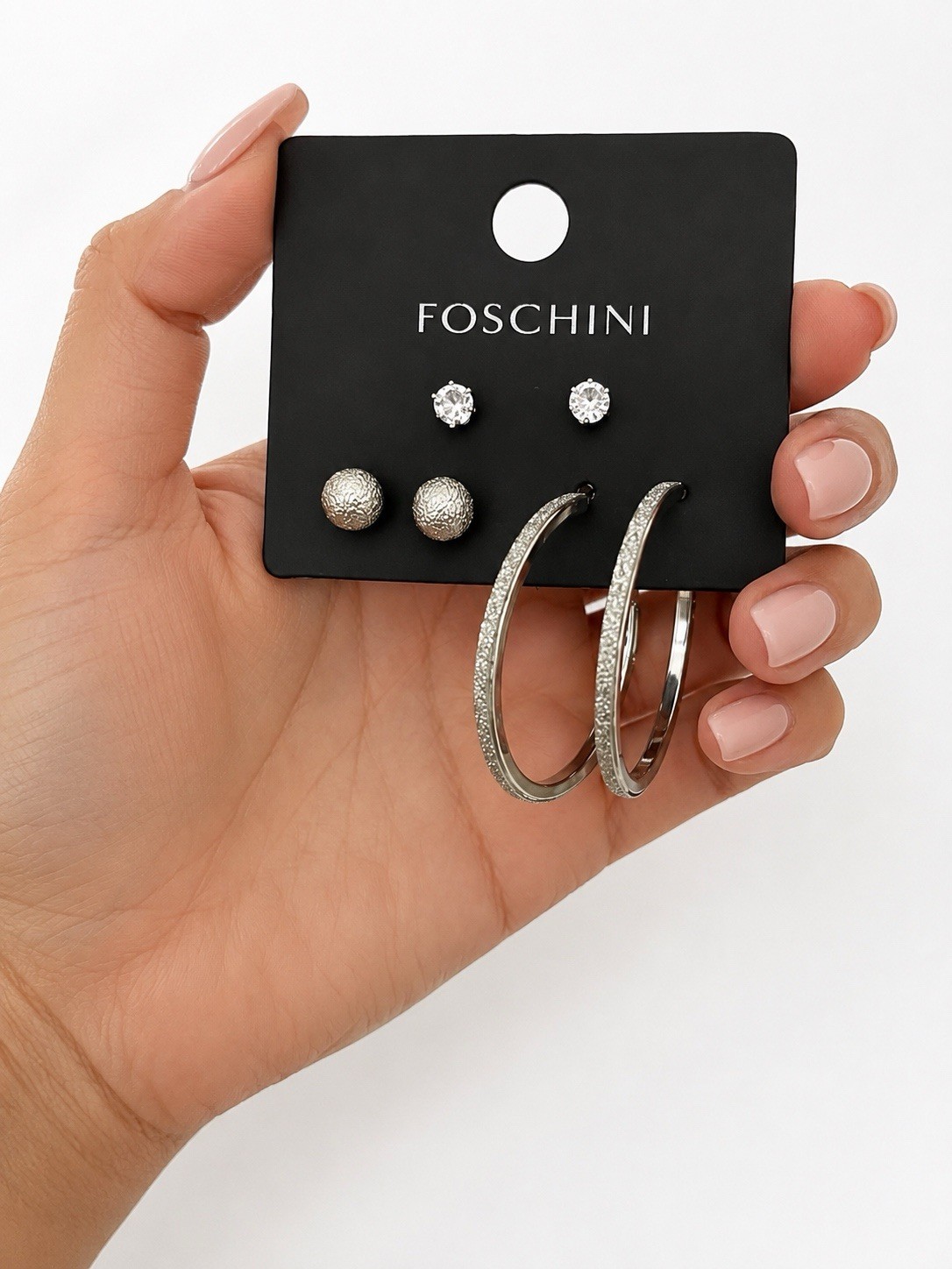 3 Pair Silver Tone Earrings Set Hoop Stud Textured Ball Gift Box Included