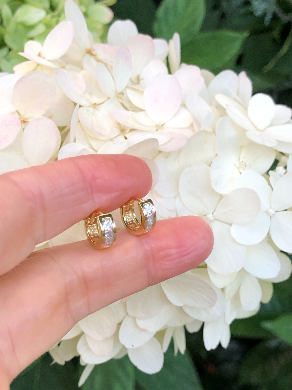 925 Sterling Silver Princess CZ Huggie Hoop Earrings Gold 9.5mm/6.9mm x3.5 TINY