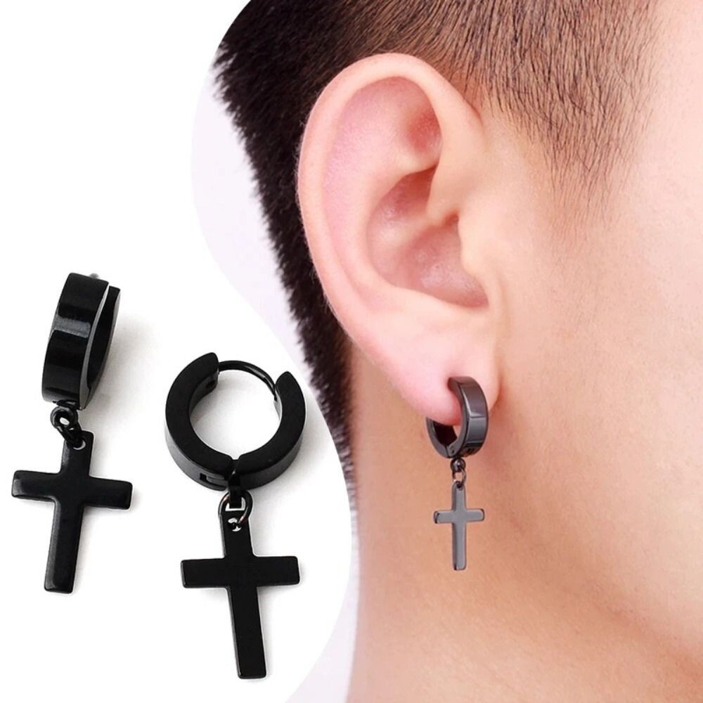 Men’s Women’s Stainless Steel Cross Drop Dangle Loop Huggie Hinged Hoop Earrings
