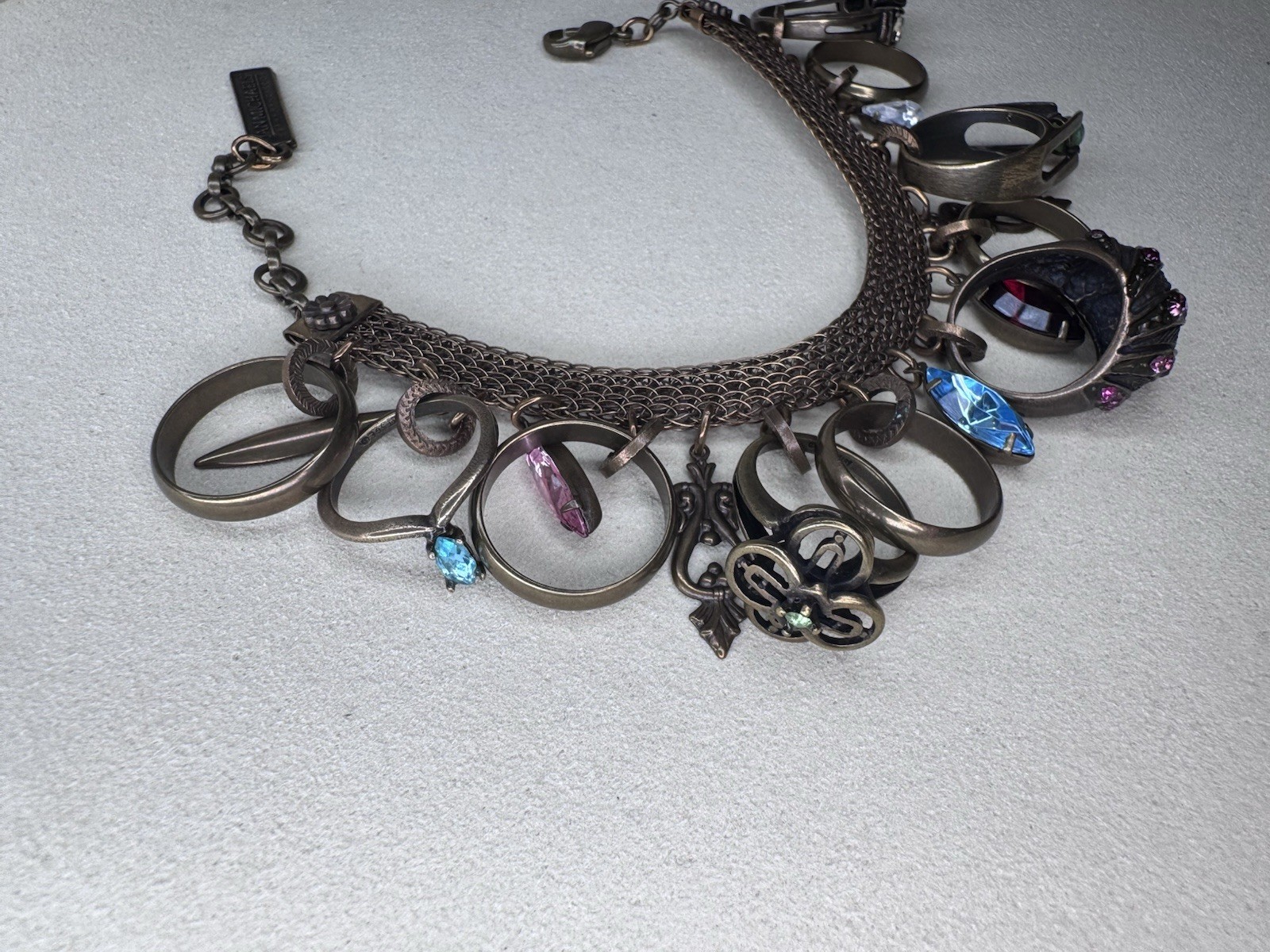 Vintage Ann Michaels Bronze Tone Charm Bracelet Multicolor Crystal Adjustable