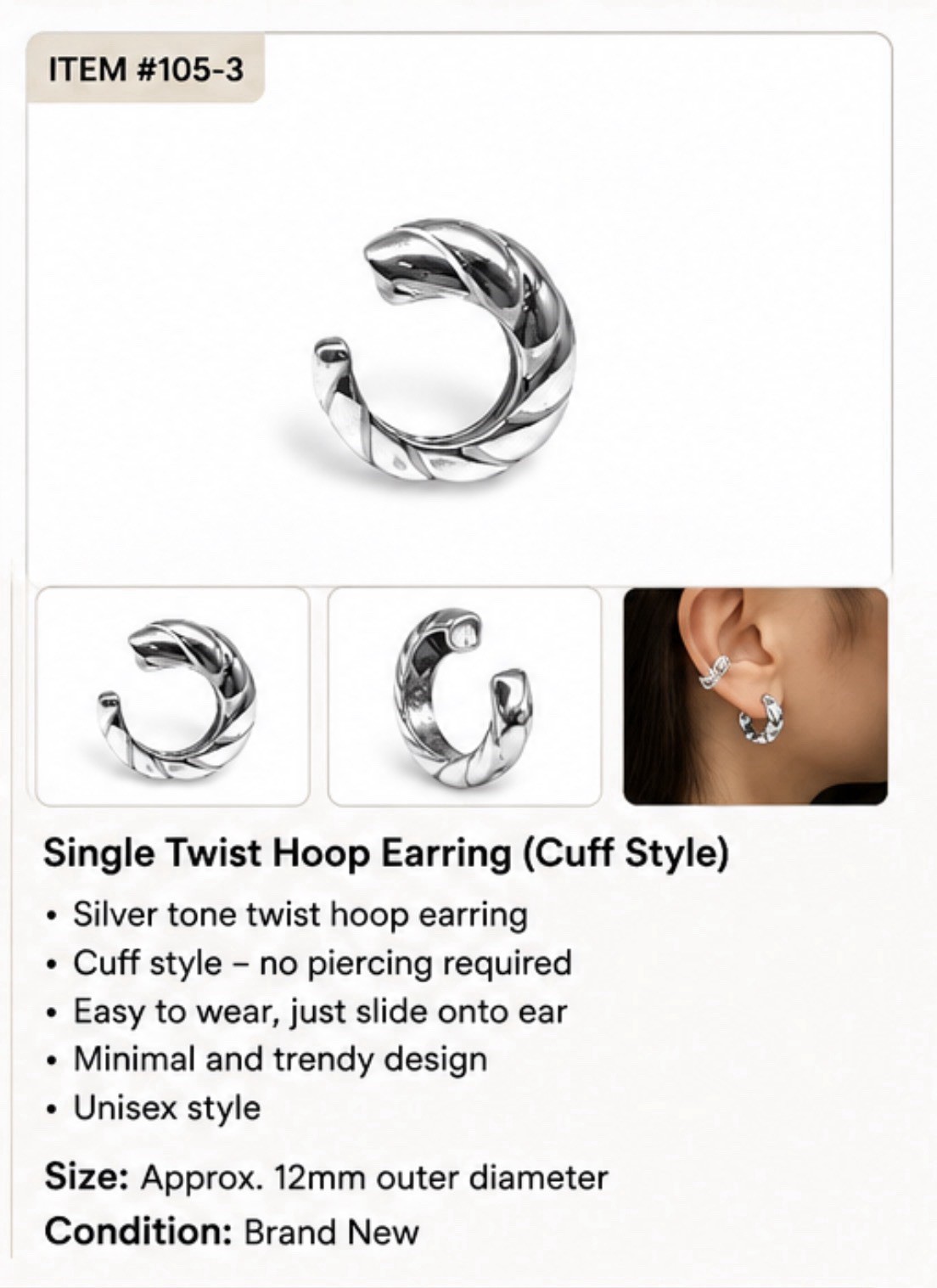 Single Twist Hoop Ear Cuff Earring No Piercing sterling Silver 12mm