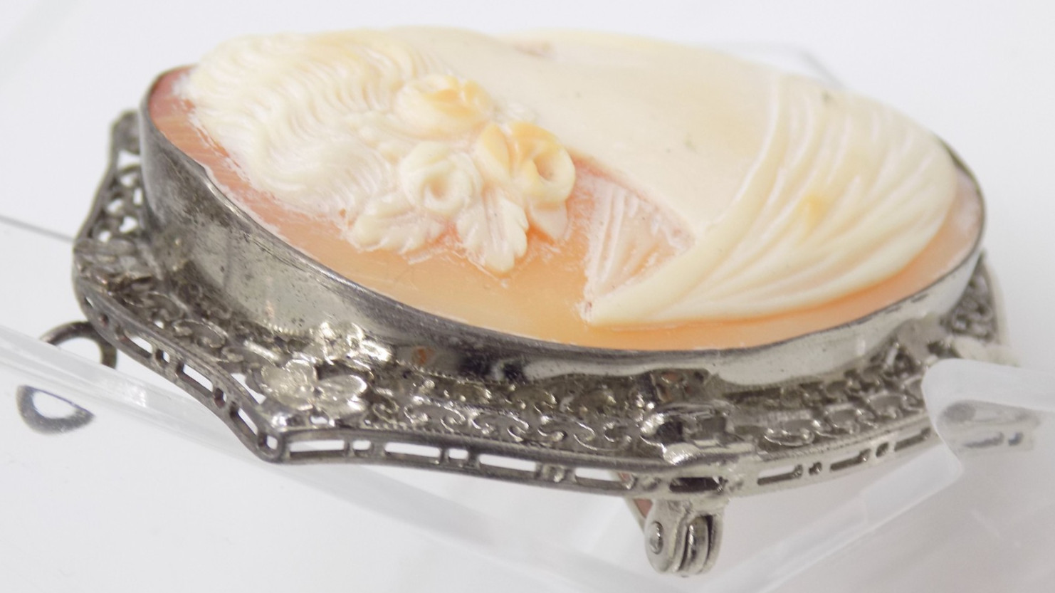 Antique 800 Silver Cameo Carved Maiden Filigree Floral Brooch Pin Pendant