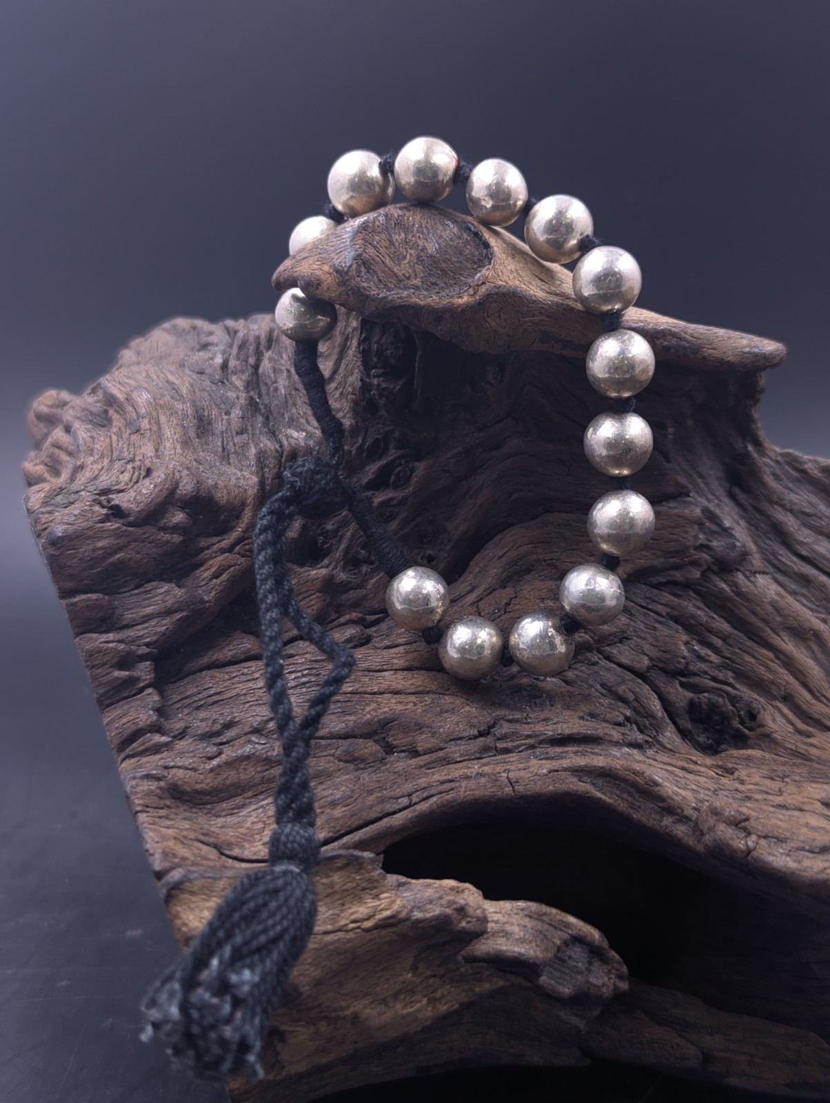 Vintage Sterling Silver 8.7mm Bead Ball Knotted Cord Bracelet 15.7g 6-8” Wrist