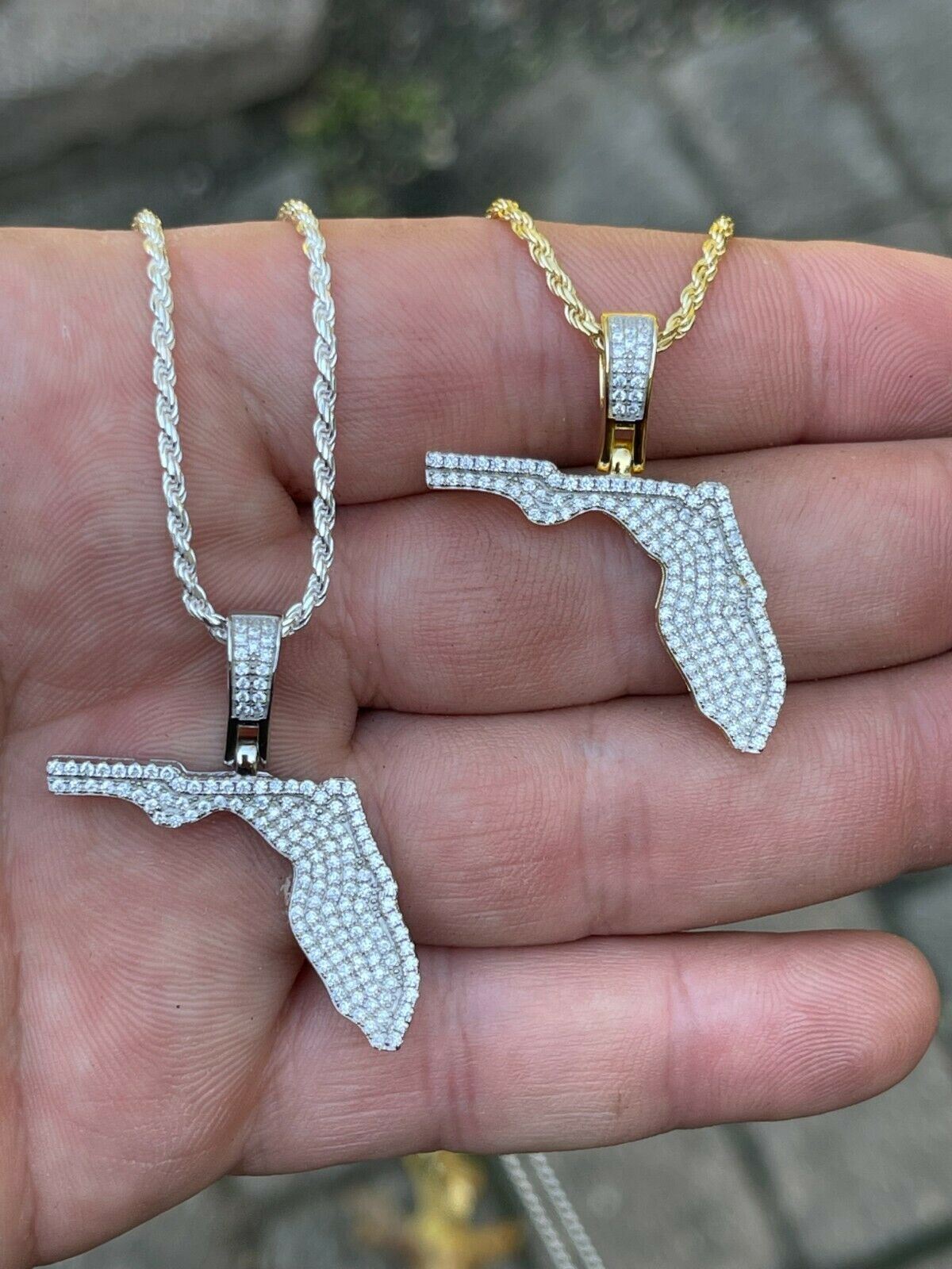 925 Silver 14k Gold Plating Hip Hop Florida State Shape Pendant Iced CZ Necklace