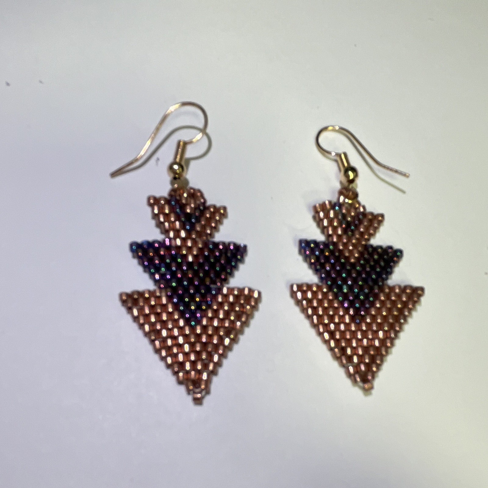 Triangle Dangle Hook Earrings, Gold & Purple Tone Beaded Drop, Bohemian