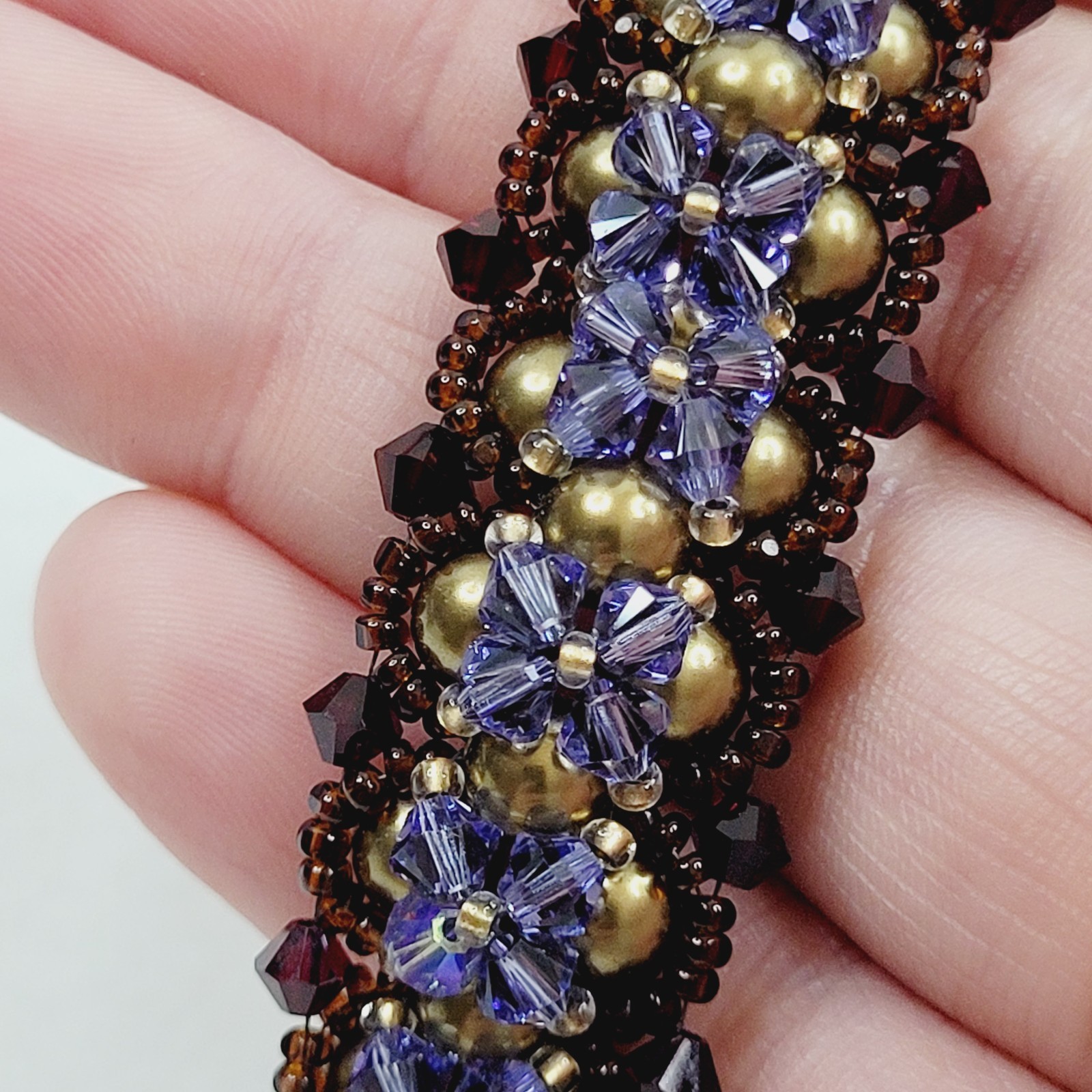 Purple Dark Red Gold Bead Woven Lace Bracelet Toggle Closure Reversible 7″ Long
