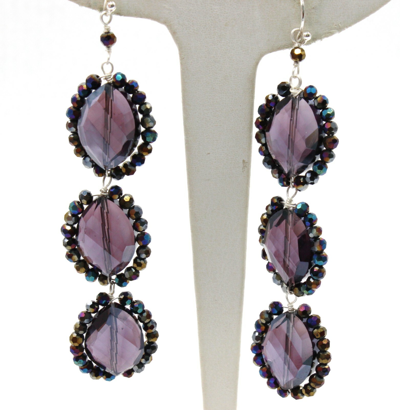 Nakamol Oval Iridescent Blue Purple Bead & Crystal Dangle Earrings 3″ New