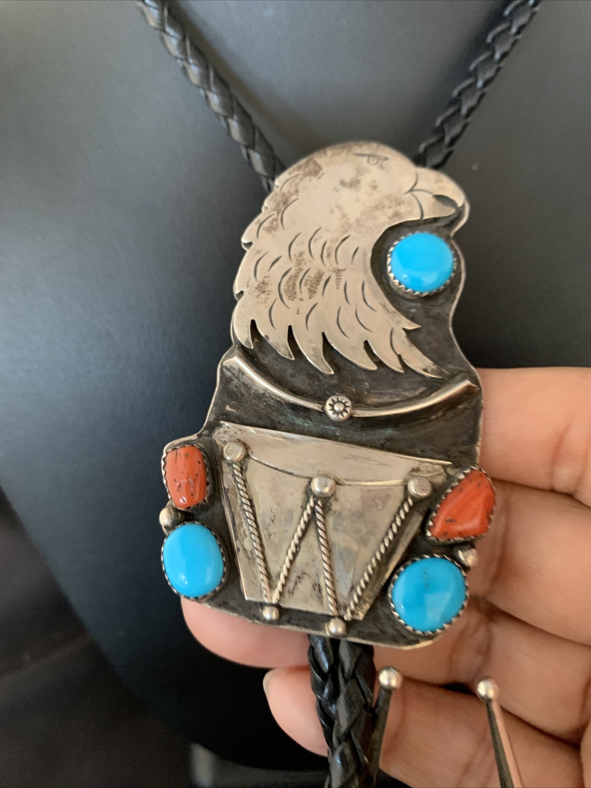 Eagle Head Bolo Tie Mens Blue Kingman Turquoise Coral Sterling Navajo 13670