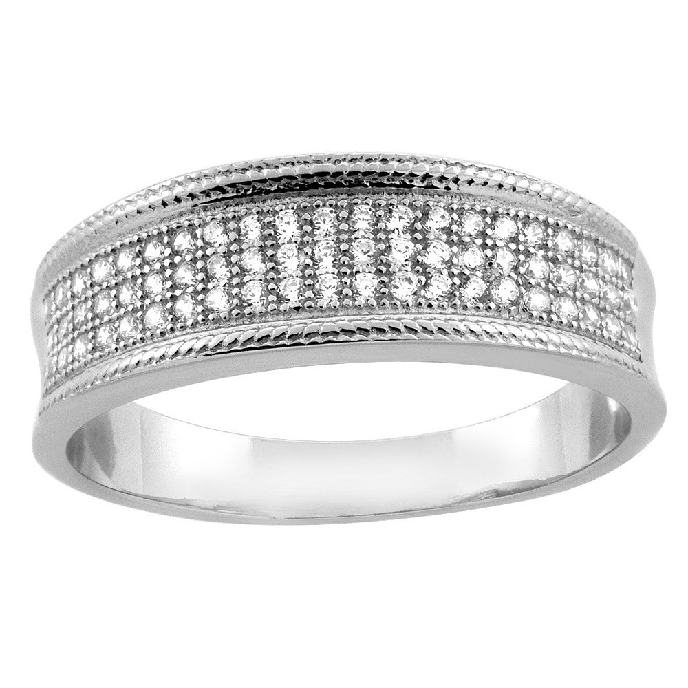 925 Sterling Silver Mens CZ Rope Edge Wedding Band Ring, 1/4 Inch (6mm) Wide